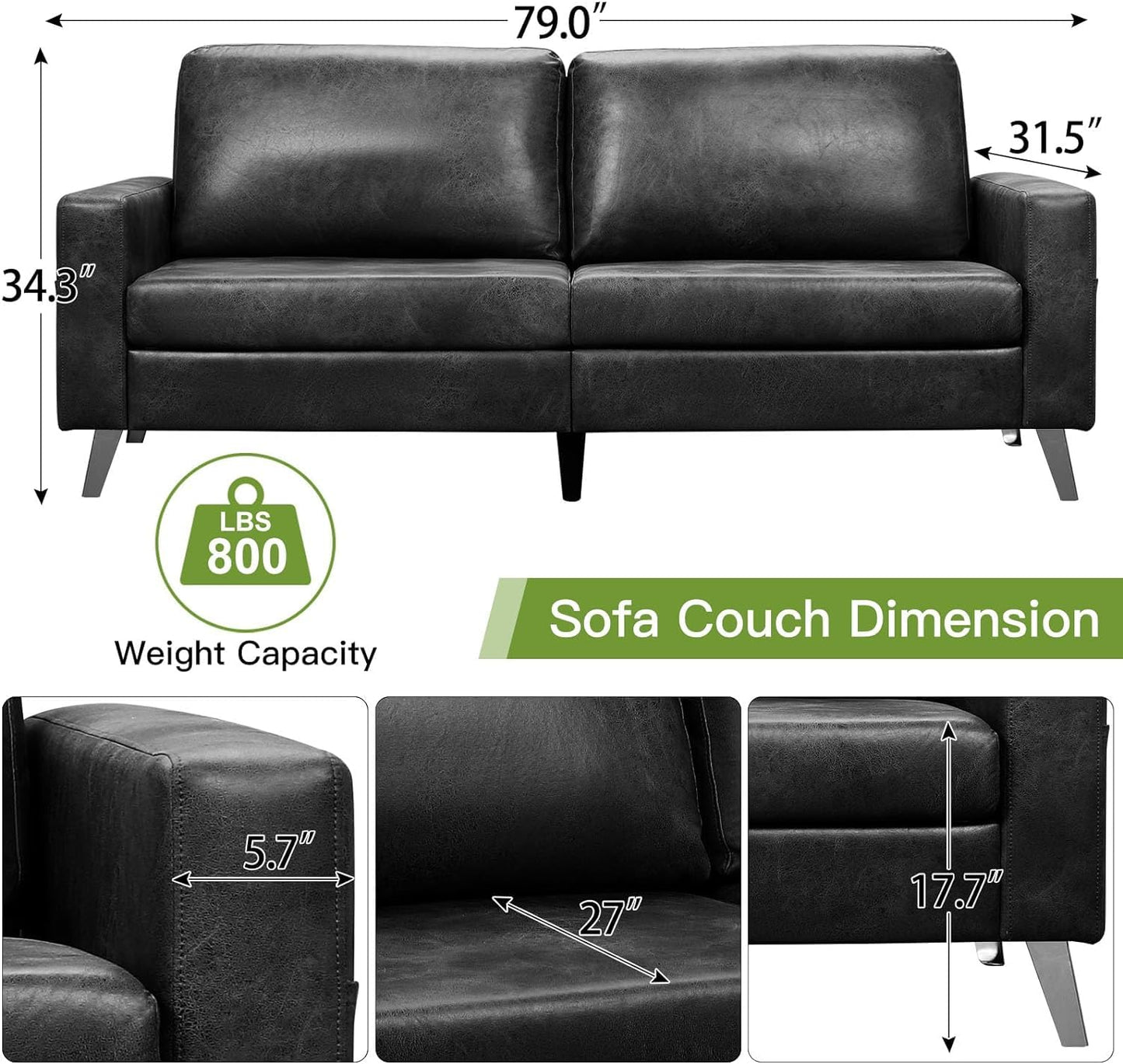 YODOLLA 79 Inch Sofa Couch for Living Room, Faux Leather, Black