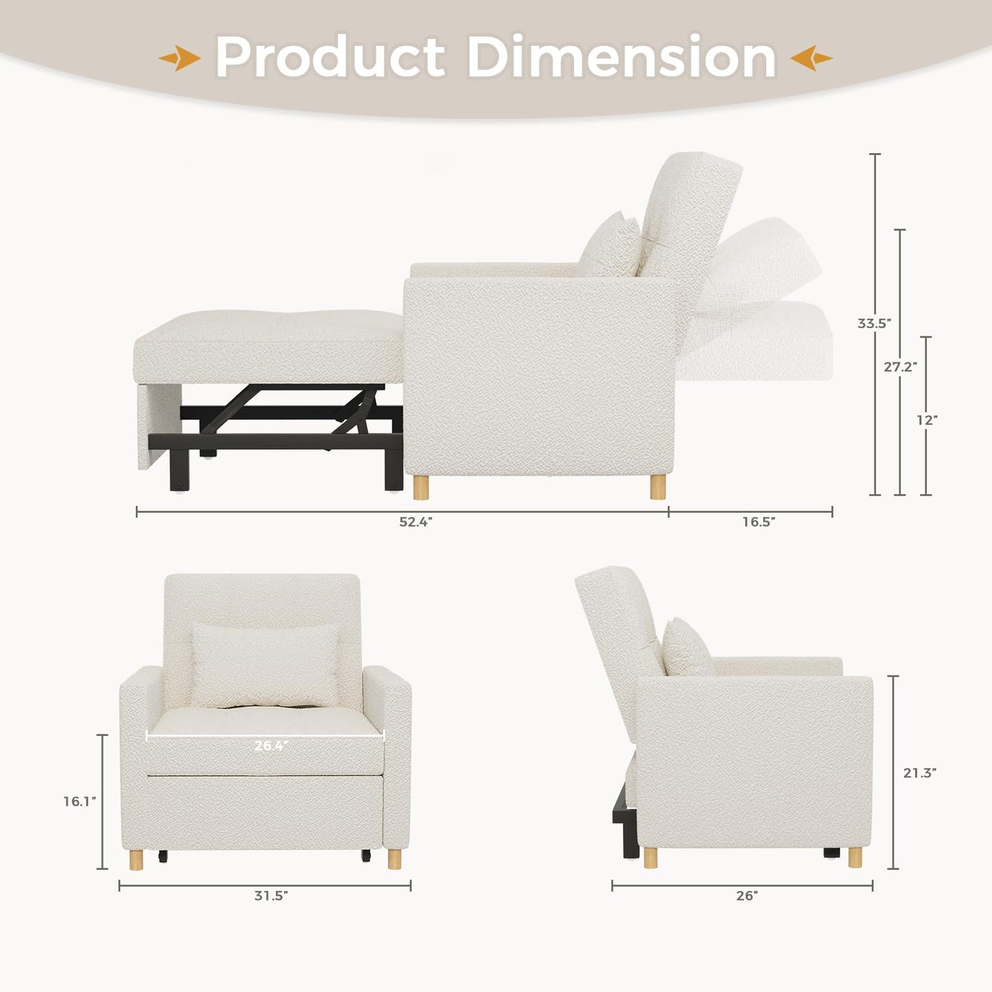 YODOLLA 3 in 1 Chair Bed Sleeper for Adults, Teddy White