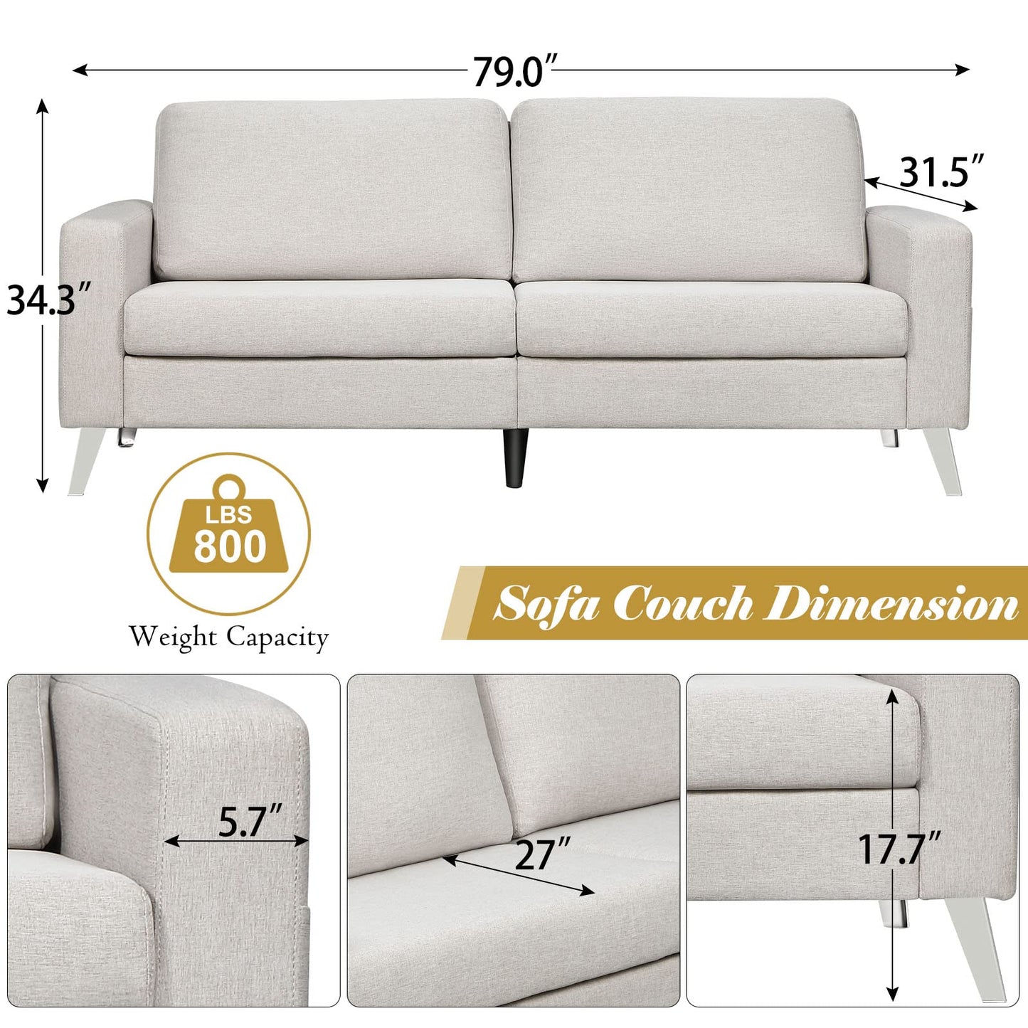 YODOLLA 79 Inch Sofa Couch for Living Room, Cream White