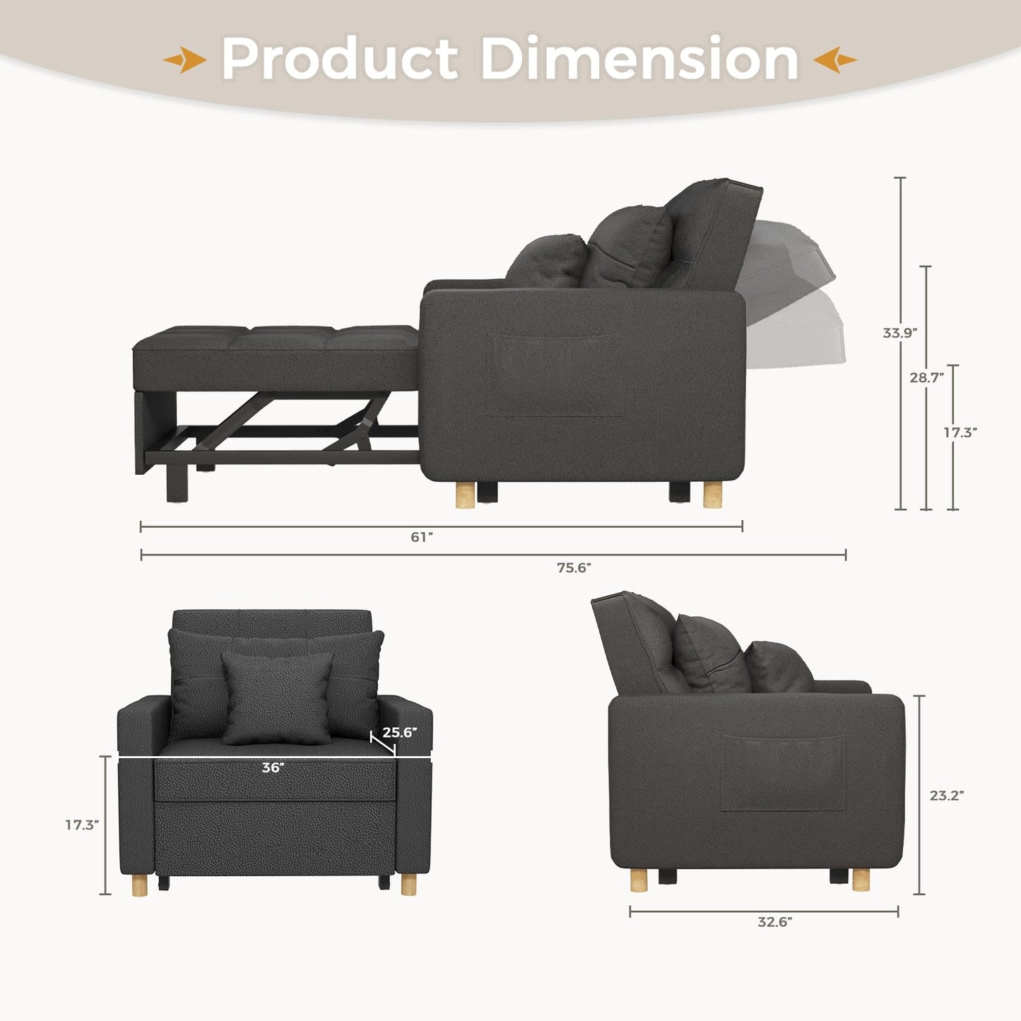 YODOLLA 36" Convertible Chair Bed, Black Leather