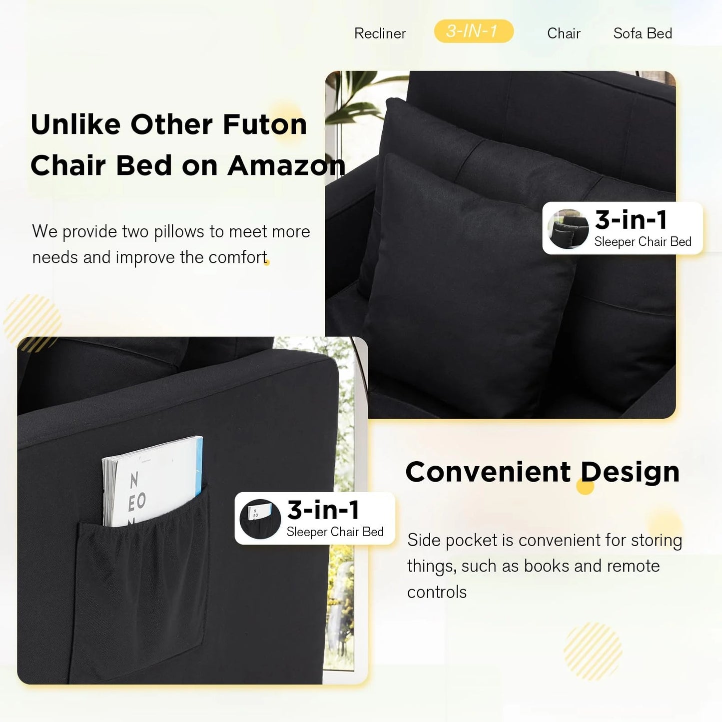 YODOLLA 36" Convertible Chair Bed, Black