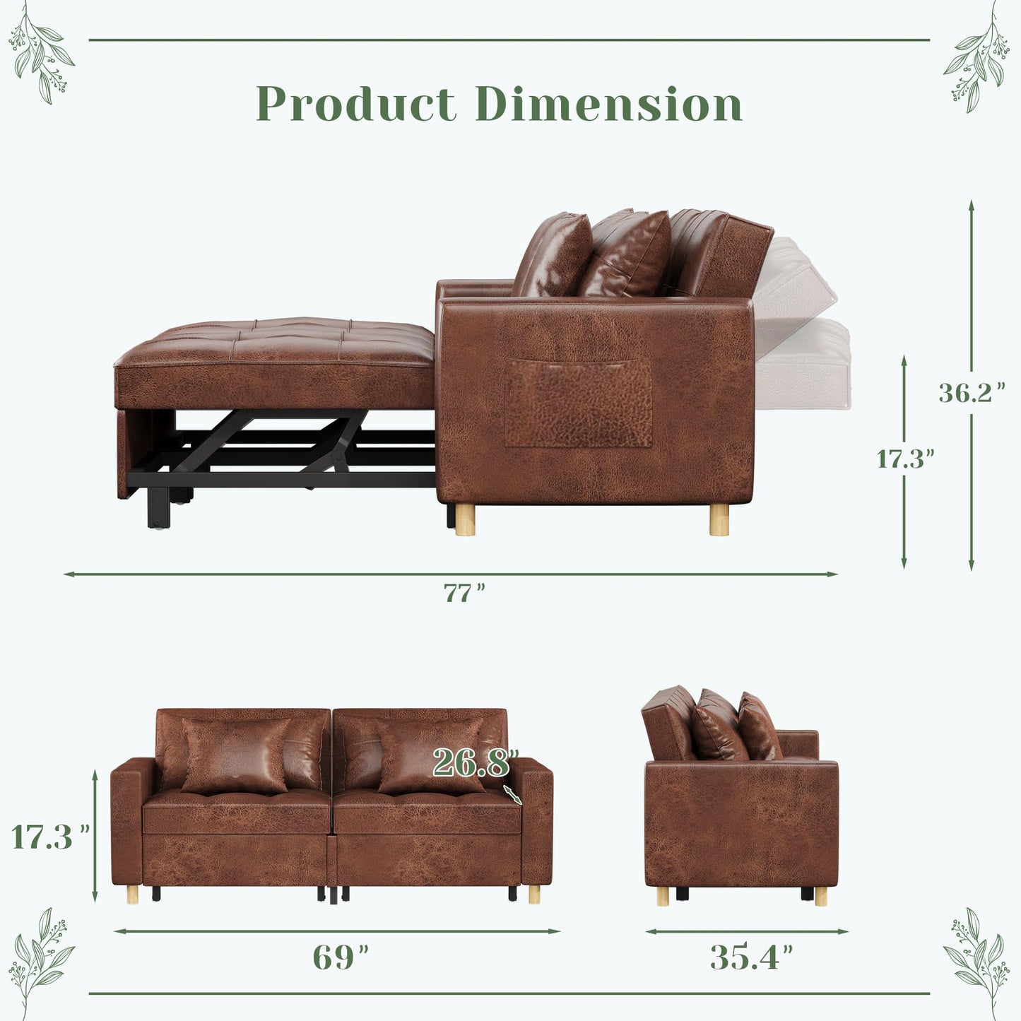 YODOLLA Comfortable 3-1 Convertible Sofa Bed,Brown