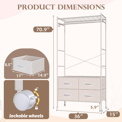 YODOLLA Rolling Clothes Rack with 4 Fabric Drawers, Portable Closet Organizer for Hanging Clothes