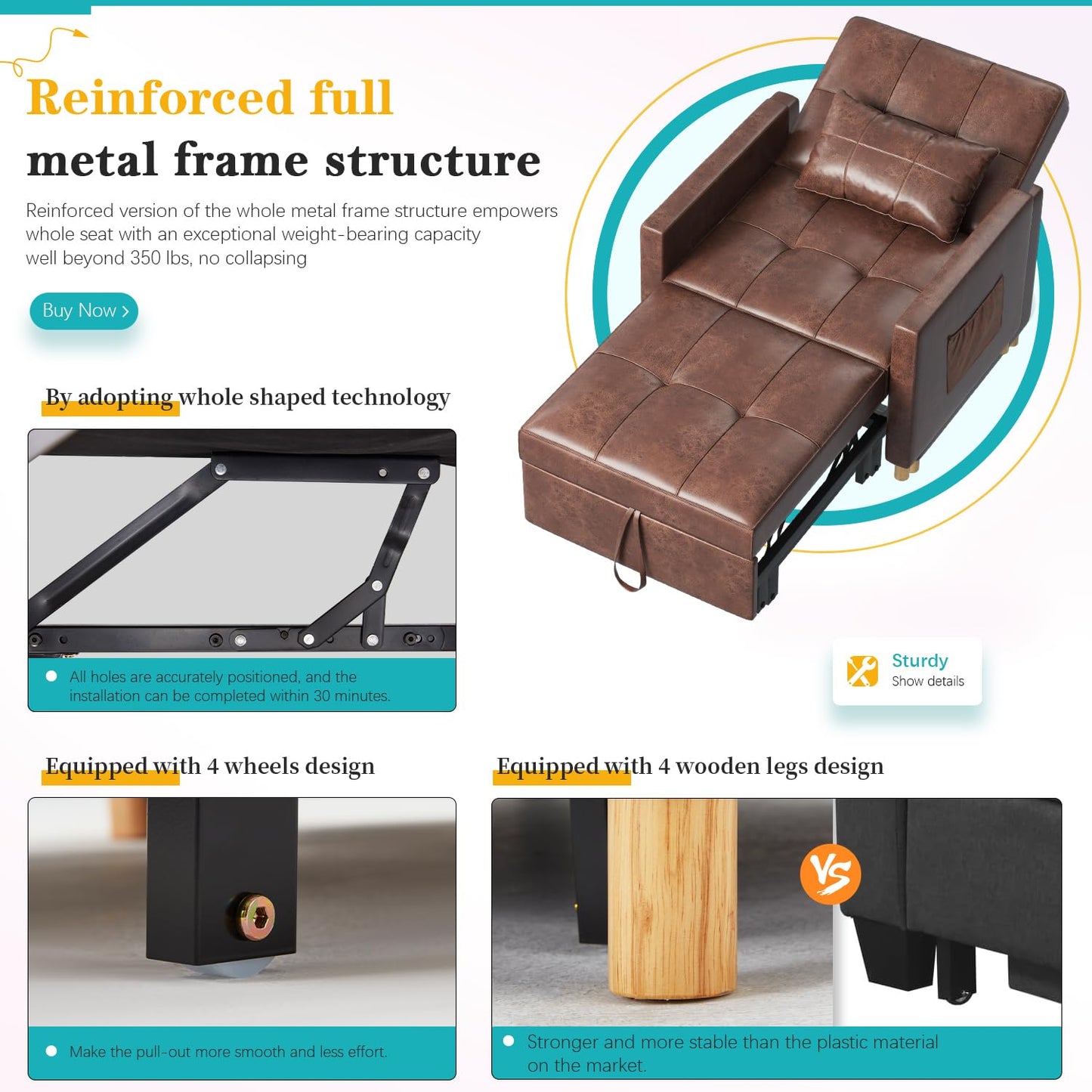 YODOLLA 3 in 1 Chair Bed Sleeper for Adults, Brown