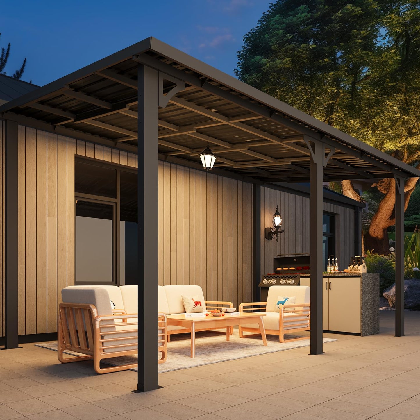 YODOLLA 14' x 8' Outdoor Hardtop Metal Gazebo Lean to Galvanized Steel Wall Mounted Pergolas