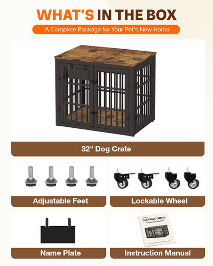 YODOLLA 32" Dog Crate Furniture Heavy Duty Dog Kennel Indoor with Name Tag