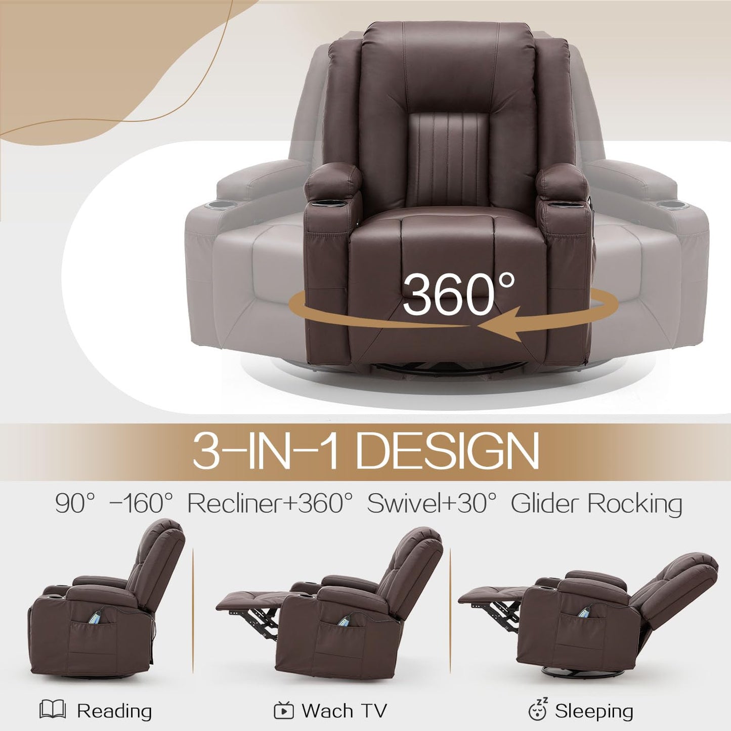 YODOLLA 3 PCS Leather Recliner Sofa Set