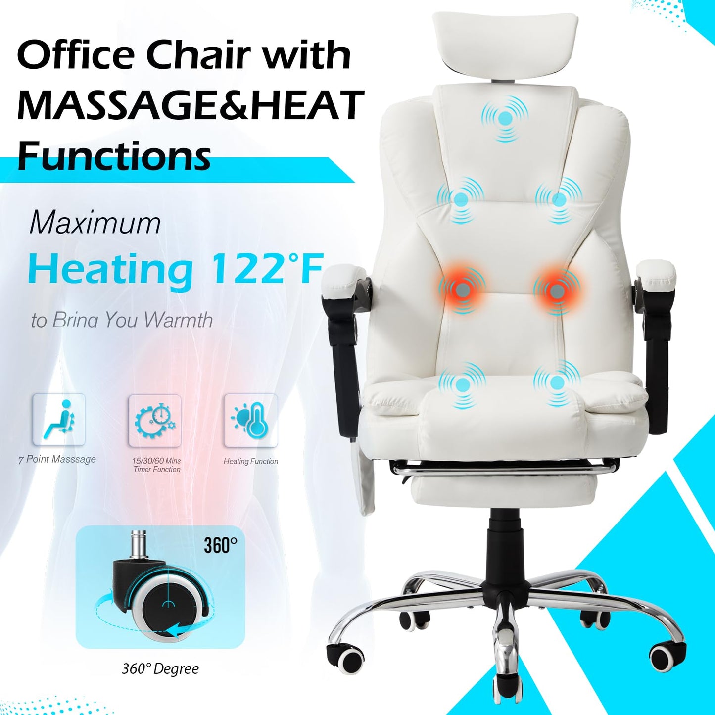 YODOLLA Office Chair with 7 Points Vibration Massage&Heat, Adjustable Ergonomic Recliner, Cream White