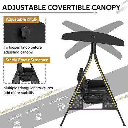 YODOLLA 3-Seat Porch Swings with Adjustable Canopy, Black