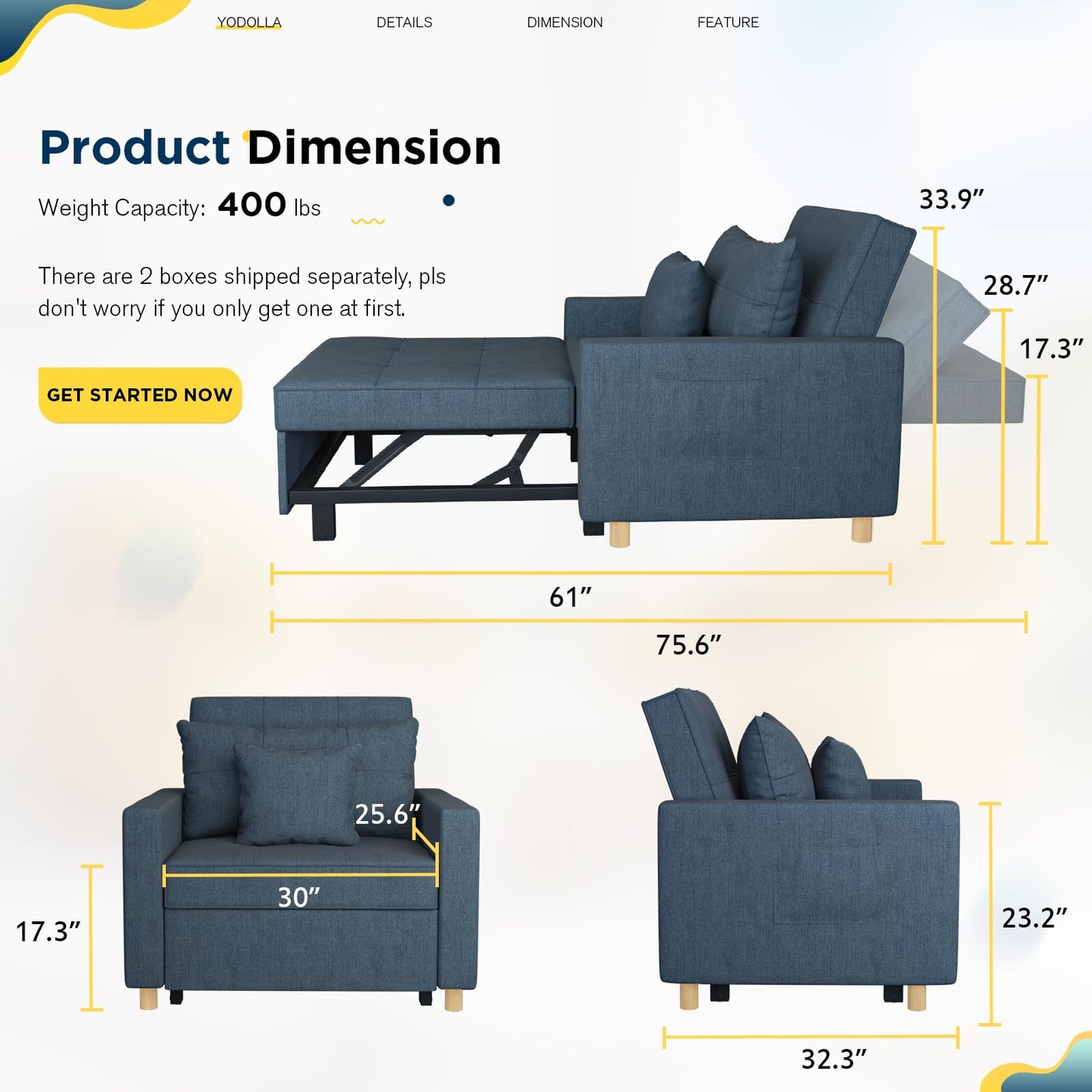 YODOLLA 36" Convertible Chair Bed, Blue