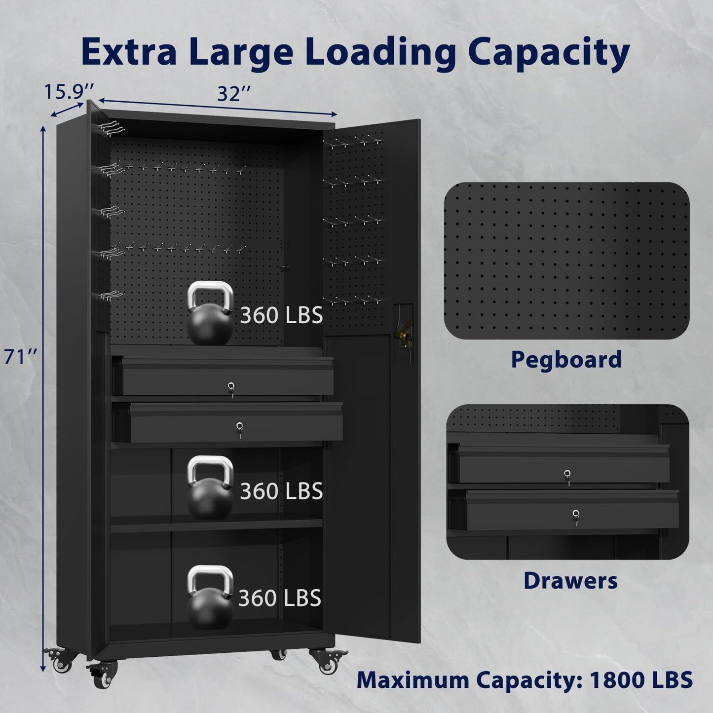 YODOLLA 71" Metal Garage Storage Cabinet with Drawers and Wheel