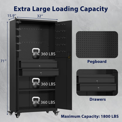 YODOLLA 71" Metal Garage Storage Cabinet with Drawers and Wheel