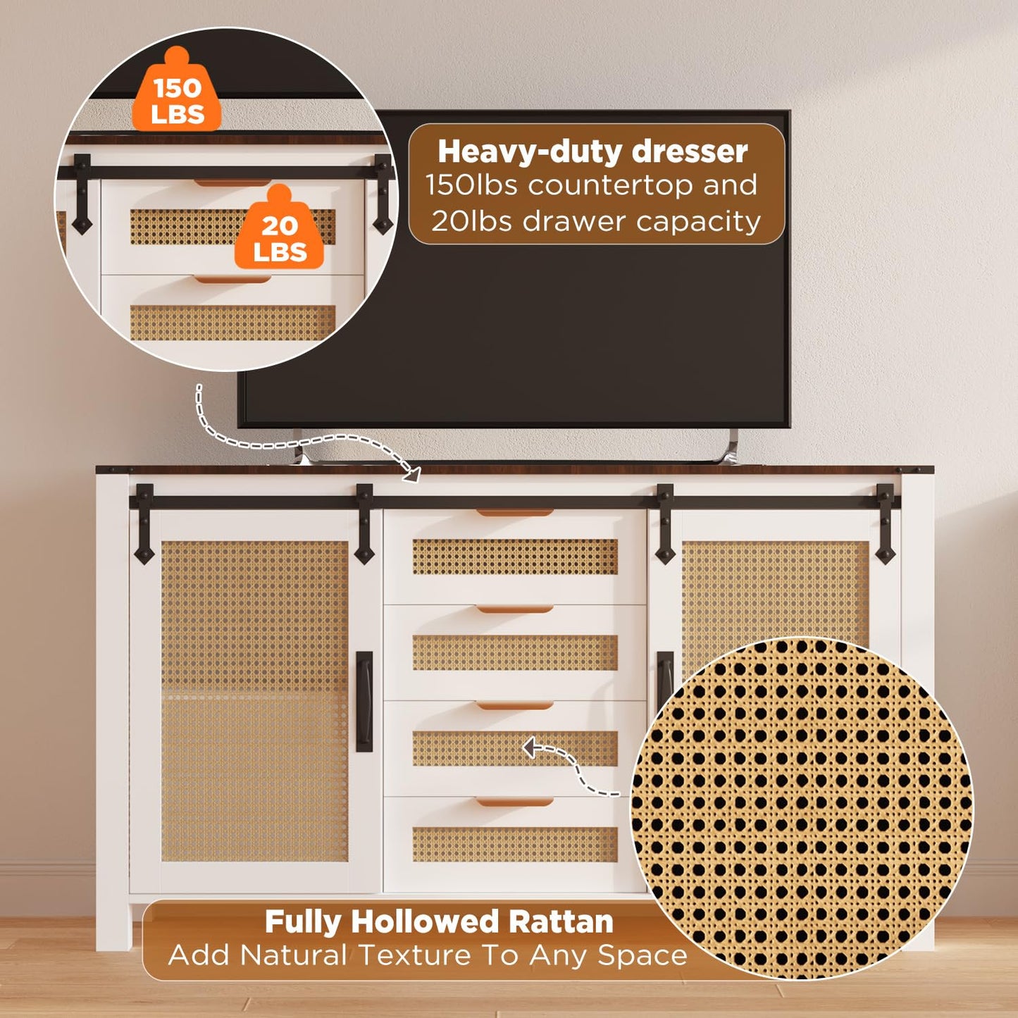 YODOLLA Farmhouse Sideboard Buffet Cabinet with Storage, Rattan Kitchen Cabinet w/Sliding Barn Doors & 4 Drawers