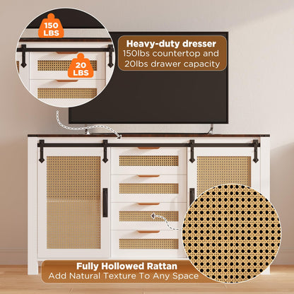 YODOLLA Farmhouse Sideboard Buffet Cabinet with Storage, Rattan Kitchen Cabinet w/Sliding Barn Doors & 4 Drawers