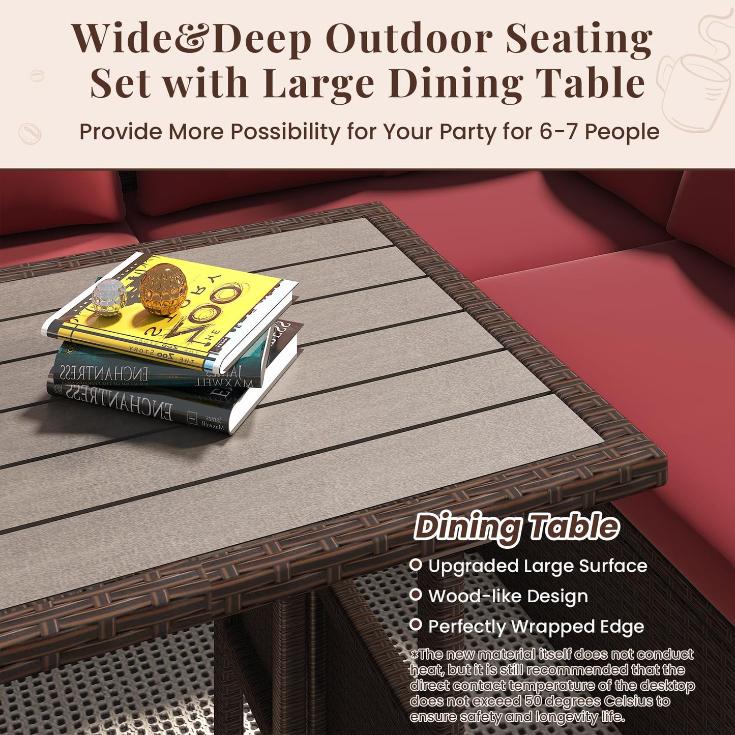 YODOLLA 7 Pieces Outdoor Wicker Rattan Furniture Set, Brown & Wine Red