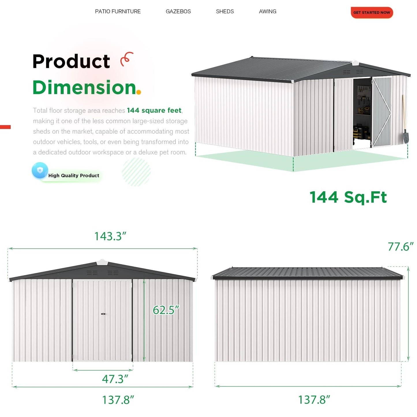 YODOLLA Shed 12' x 12' Storage Shed, White