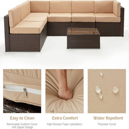 YODOLLA 7 Piece Outdoor Patio Furniture Set, Brown & Beige
