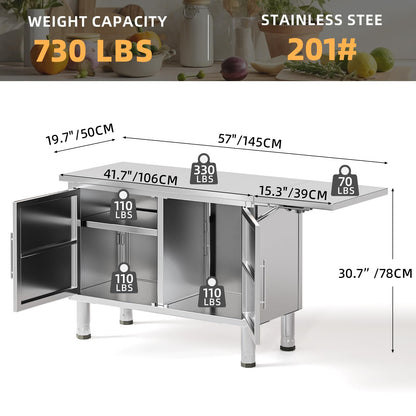 YODOLLA 57"x19.7" Stainless Steel Work Table Kitchen Cabinets with Extend Panel & Adjustable Shelf
