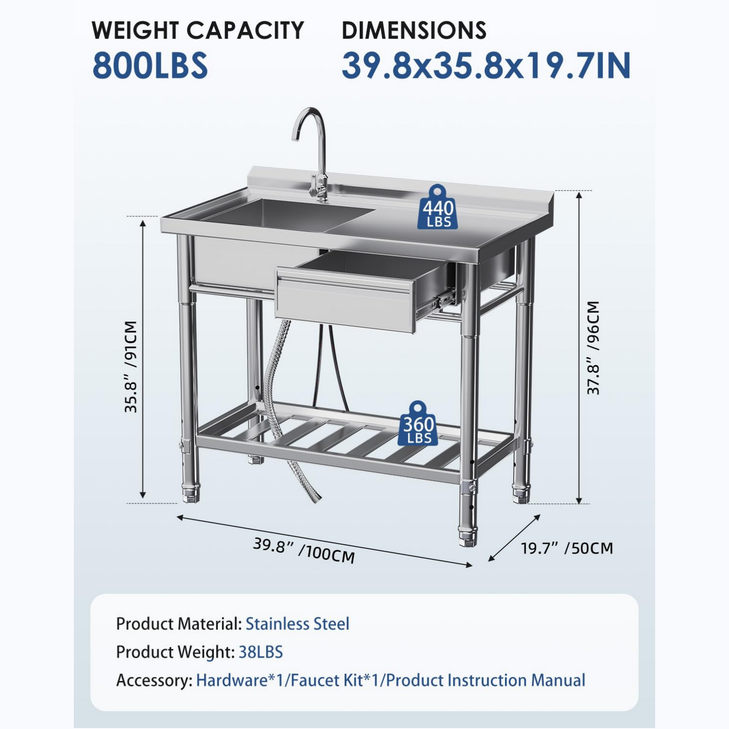 YODOLLA Stainless Steel Utility Sink, Free Standing Single Bowl Commercial Kitchen Sinks
