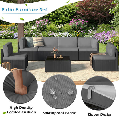 YODOLLA 7 Piece Outdoor Patio Furniture Set with 30 Inch Fire Pit Table, Black Rattan Dark Grey Cushion