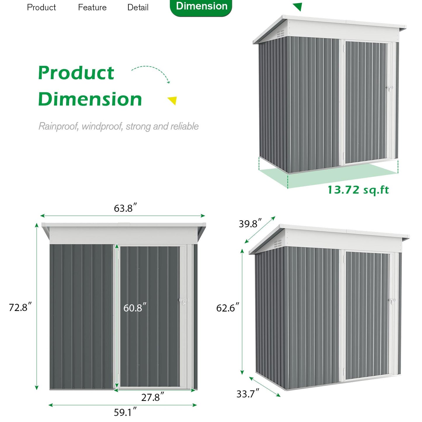 YODOLLA 5'x3' Outdoor Storage Shed, Dark Gray