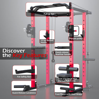 YODOLLA Power Squat Rack Cage, 2000lbs Weight Cable Machine with LAT Pulldown