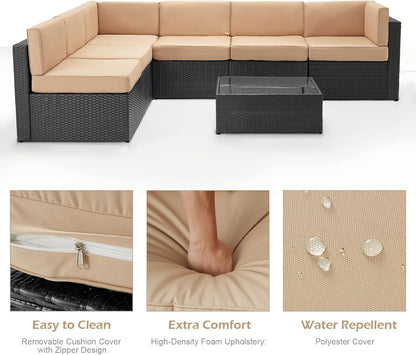 YODOLLA 7 Piece Outdoor Patio Furniture Set with 30 Inch Fire Pit Table, Black Rattan Beige Cushion