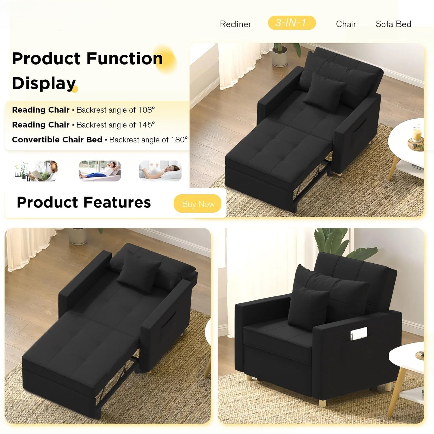 YODOLLA 36" Convertible Chair Bed, Black