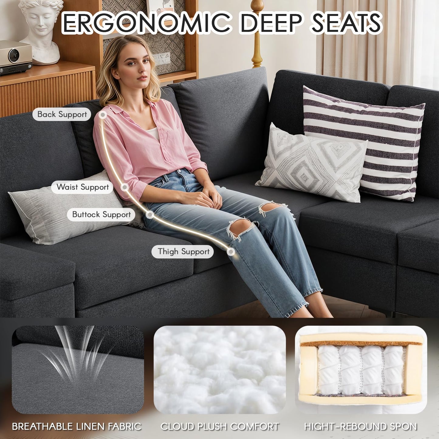 YODOLLA Sectional Couch with Ottoman Convertible Corner Couches with Armrest Storage