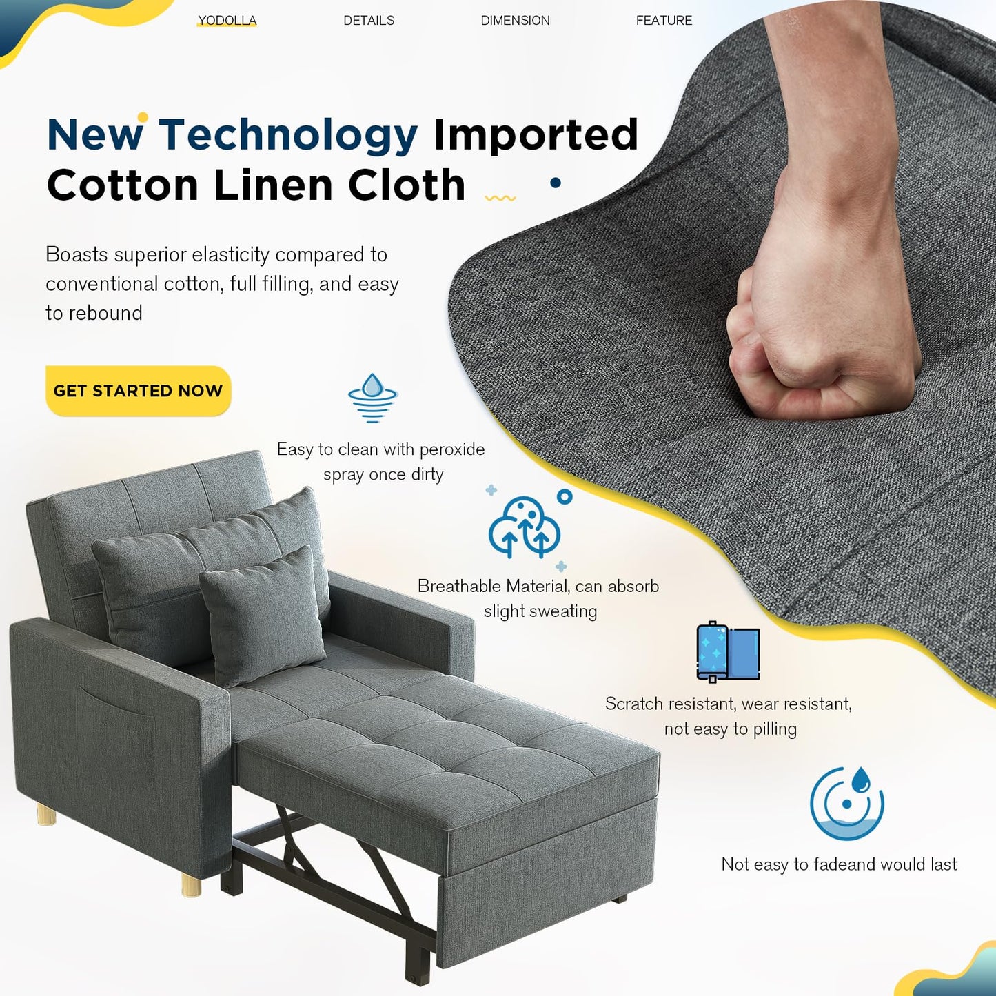 YODOLLA 36" Convertible Chair Bed, Dark Gray