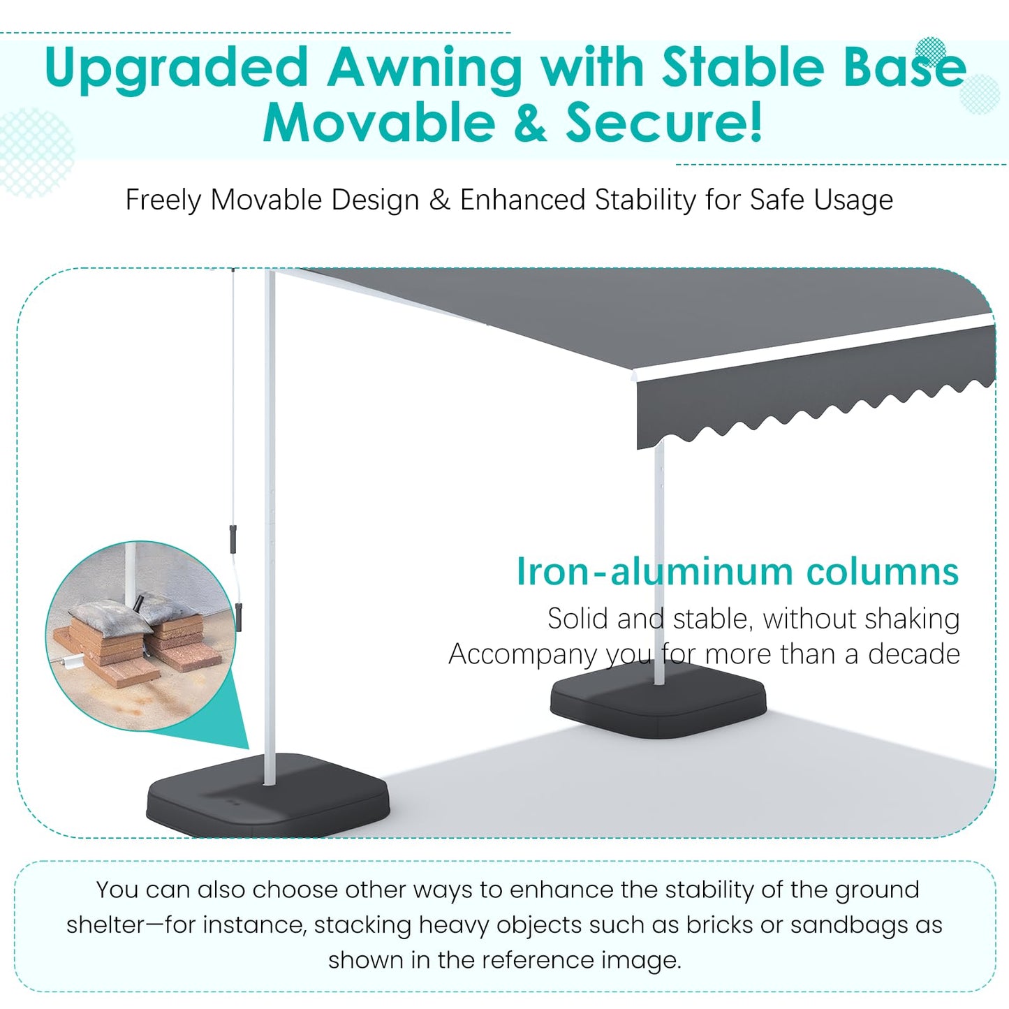 YODOLLA 10'x8' Awning Free Standing Retractable Awning with Weighted Base