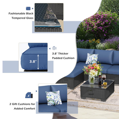 YODOLLA 7 Piece Outdoor Patio Furniture Set with 30 Inch Fire Pit Table, Black Rattan Dark Blue Cushion