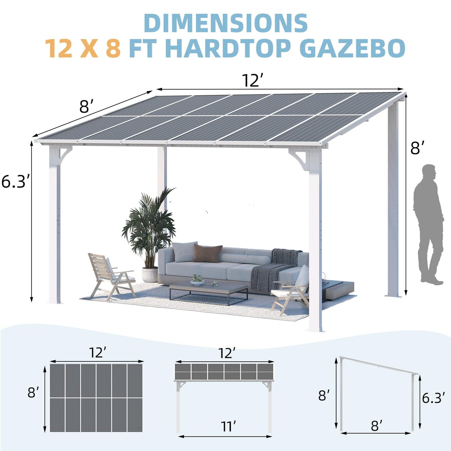 YODOLLA 12'x8' Wall Mounted Gazebos Pergola, White