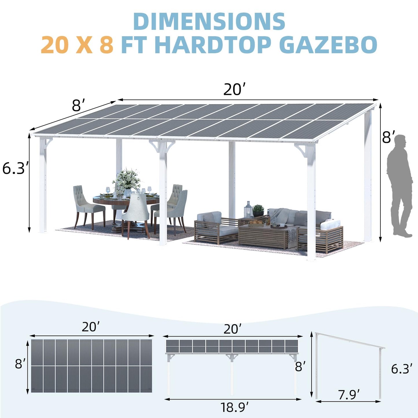 YODOLLA 20'x8' Wall Mounted Gazebos Pergola, White