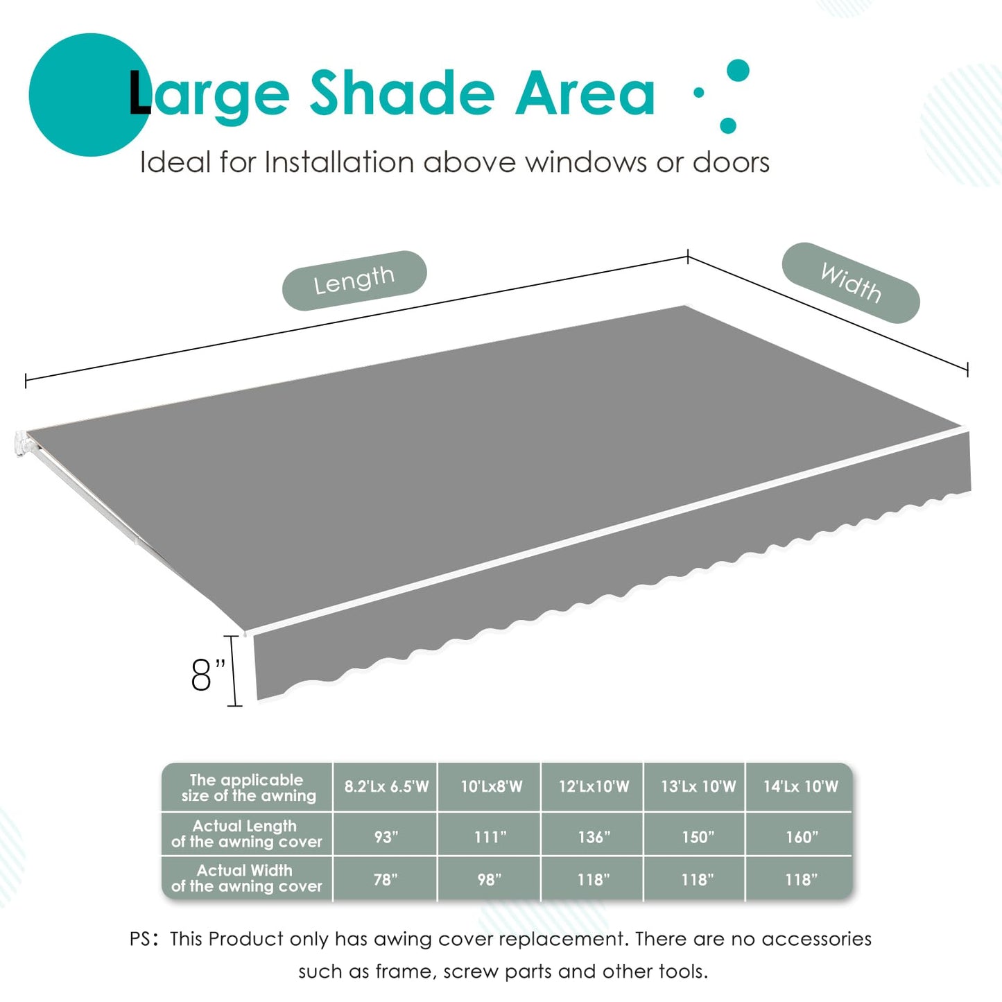 YODOLLA 12'×10' Manual Retractable Awning Sun Shade Patio Awning Cover