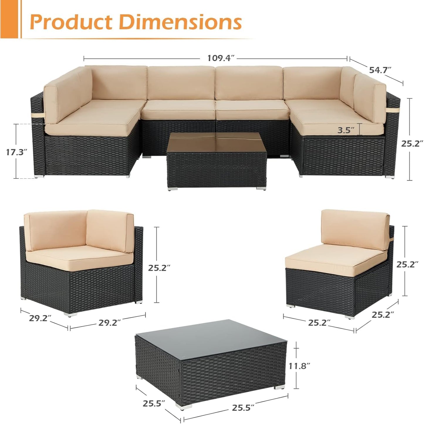 YODOLLA 7 Piece Outdoor Patio Furniture Set, Black & Beige