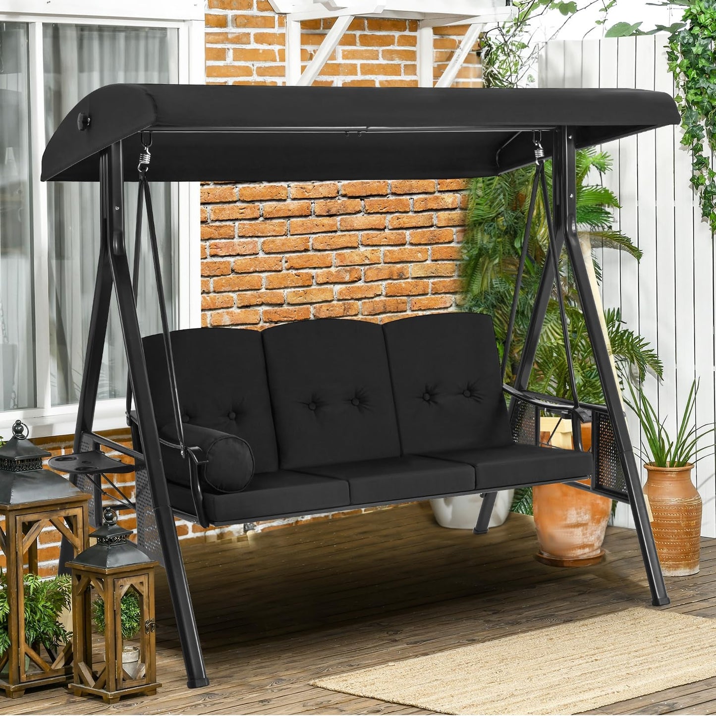 YODOLLA 3-Seat Porch Swings with Adjustable Canopy, Black