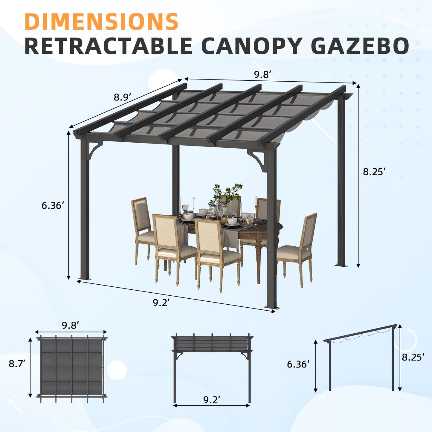 YODOLLA 10' x 8' Gazebo for Patio, Retractable Pergola with Adjustable Sun Shade Canopy Roof