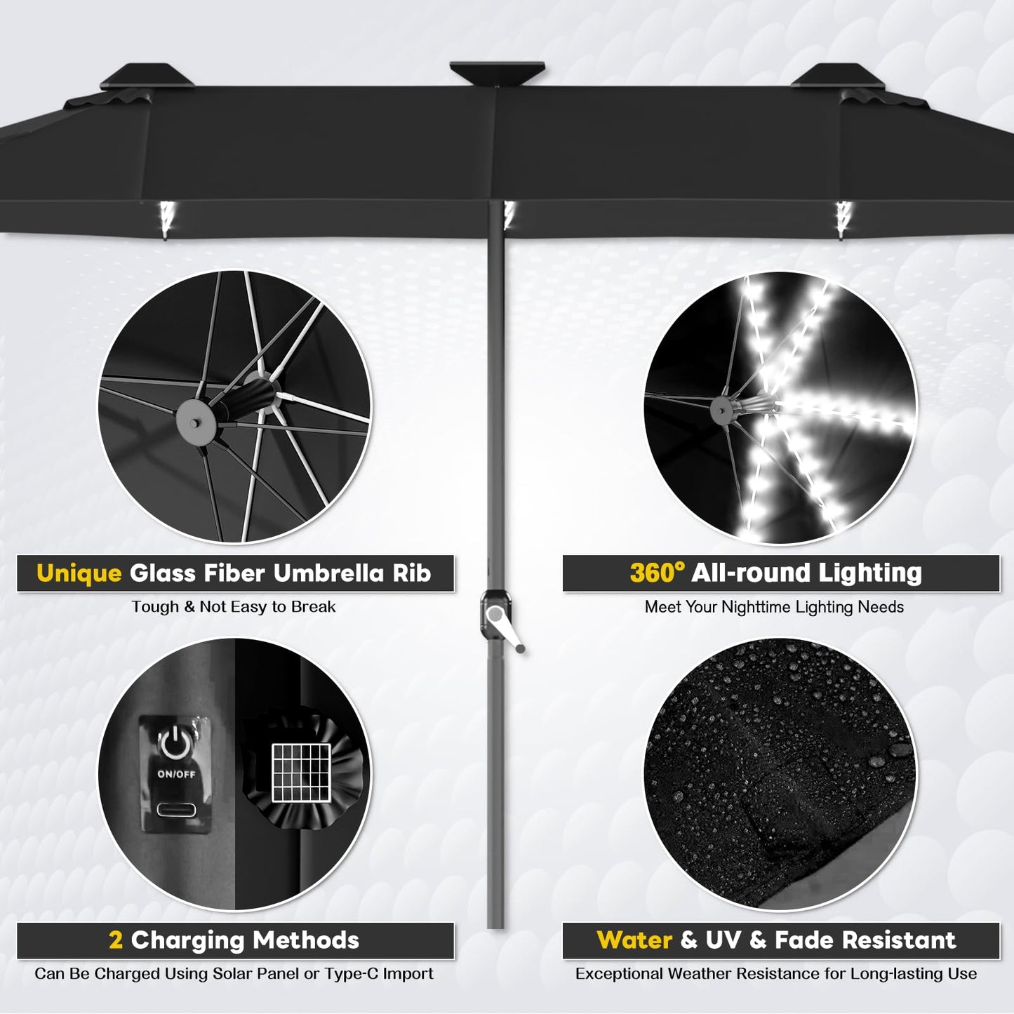 YODOLLA 15ft Double-Sided Patio Umbrella Outdoor Rectangle Umbrella with Base, Black