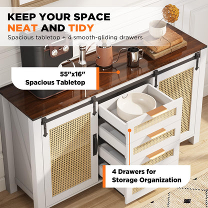 YODOLLA Farmhouse Sideboard Buffet Cabinet with Storage, Rattan Kitchen Cabinet w/Sliding Barn Doors & 4 Drawers