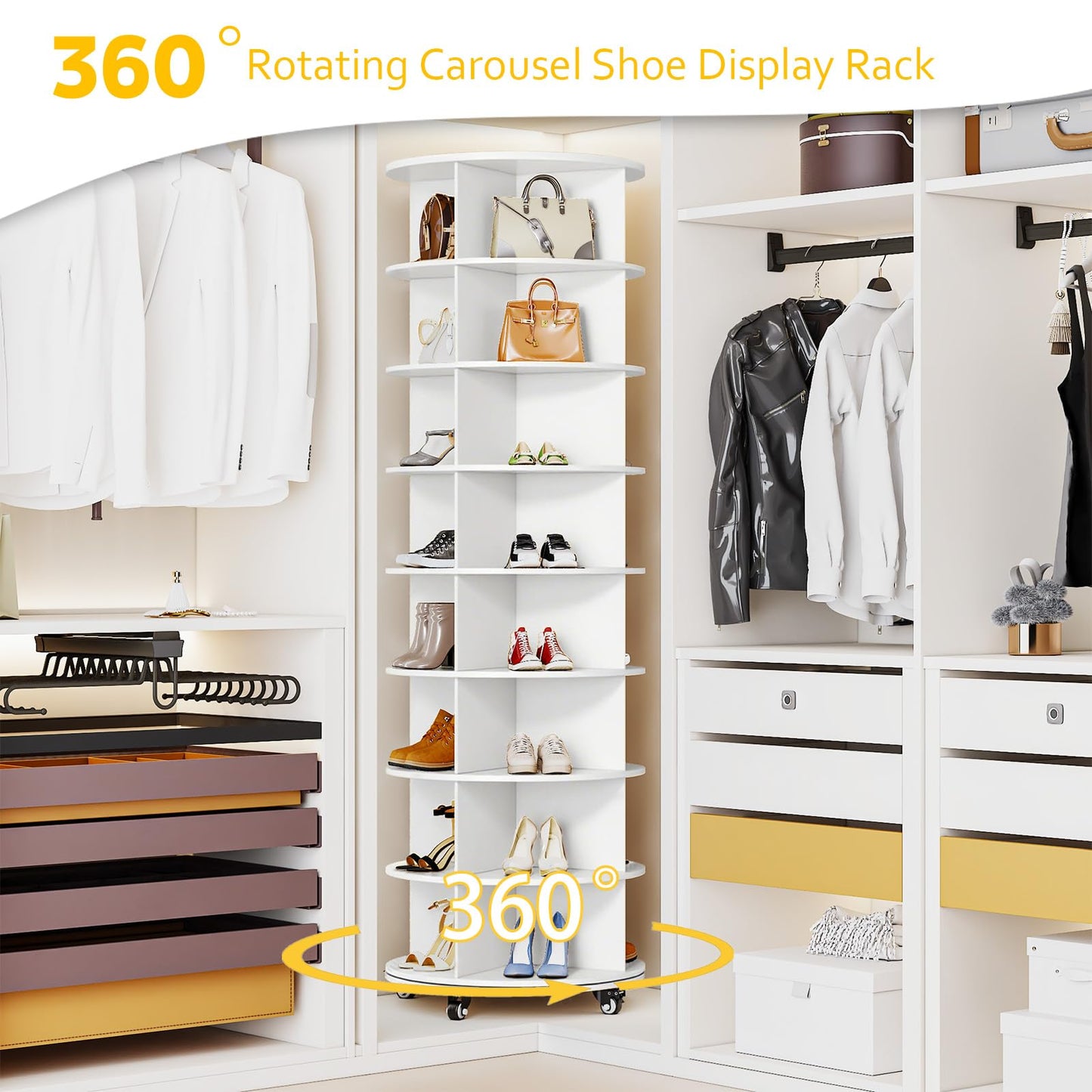 YODOLLA 8 Tier Rotating Shoe Rack Shoe Tower Organizer, White