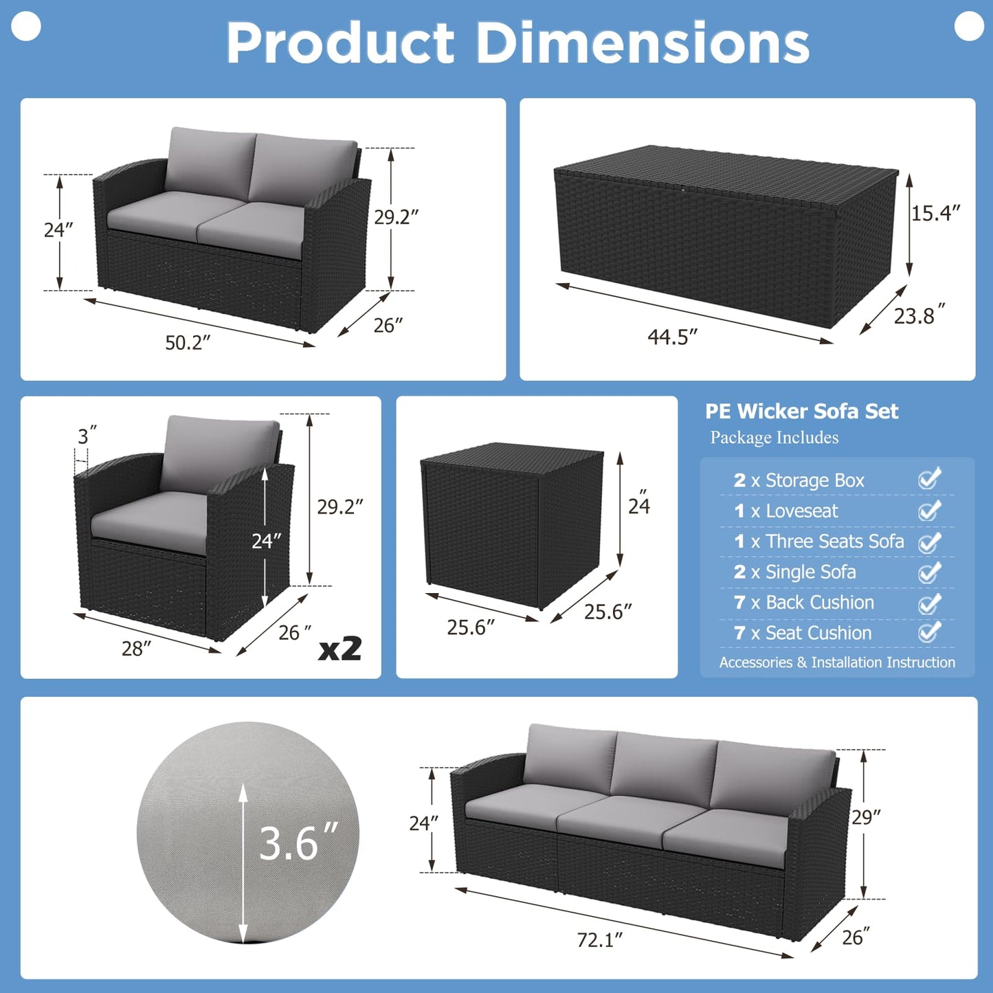 YODOLLA 7 PCS Outdoor Patio Furniture Sets with 2 Storage Boxes, Black & Grey