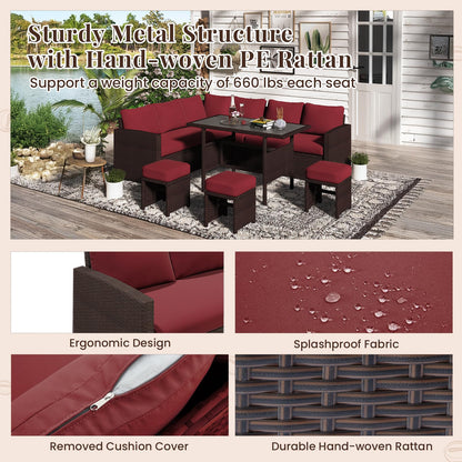YODOLLA 7 Pieces Outdoor Wicker Rattan Furniture Set, Brown & Wine Red