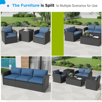 YODOLLA 7 PCS Outdoor Patio Furniture Sets with 2 Storage Boxes, Black & Dark Blue