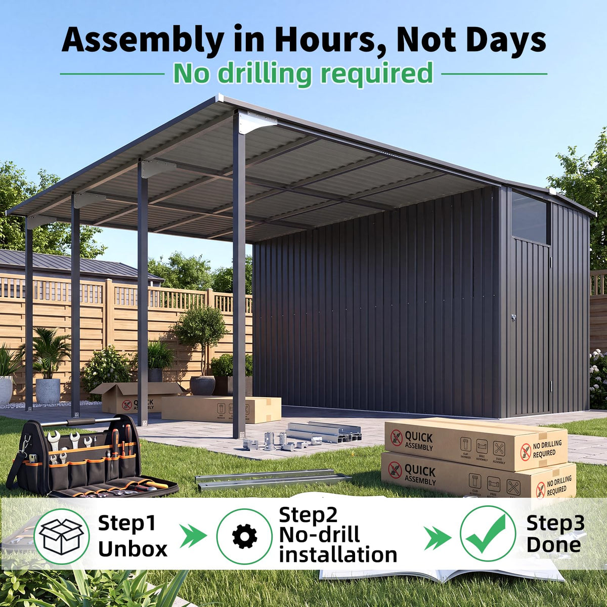 YODOLLA 12x16 Lean to Gazebo Metal Shed Combo, Hardtop Carport with Storage
