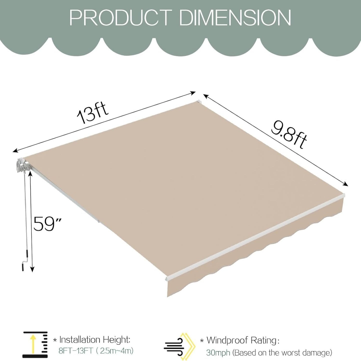 YODOLLA 13'×10' Manual Retractable Awning Sun Shade Patio
