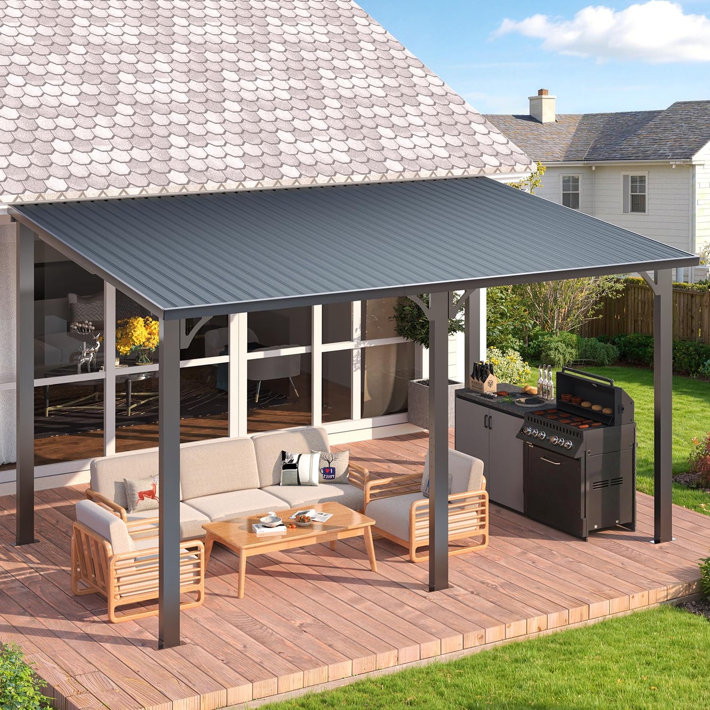 YODOLLA 14' x 8' Outdoor Hardtop Metal Gazebo Lean to Galvanized Steel Wall Mounted Pergolas