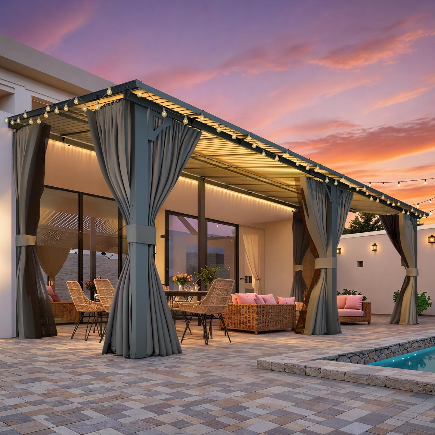 YODOLLA 20' x 8' Outdoor Gazebo Pergola with Curtains and Netting