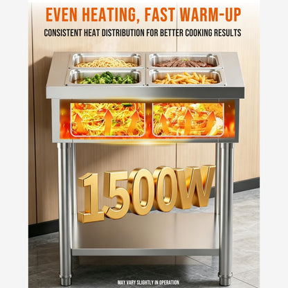 YODOLLA Commercial Food Warmer 1500W Electric Steam Table with 4x10QT Pans & Shelf