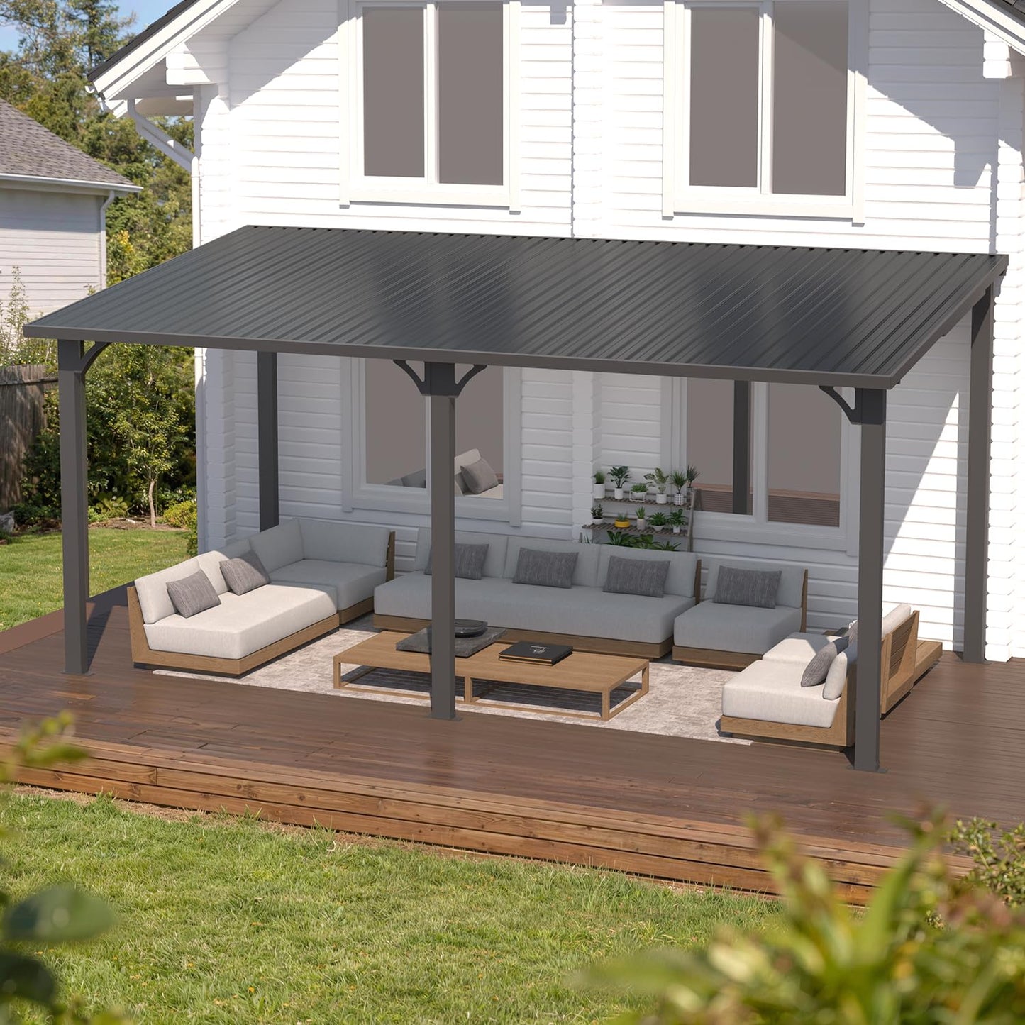 YODOLLA 16' x 8' Outdoor Hardtop Metal Gazebo Lean to Galvanized Steel Wall Mounted Pergolas